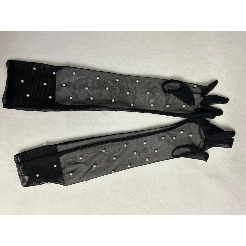 Regencycore Spirit Womens OS Black Sheer Mesh Pearl Embellished Opera Gloves